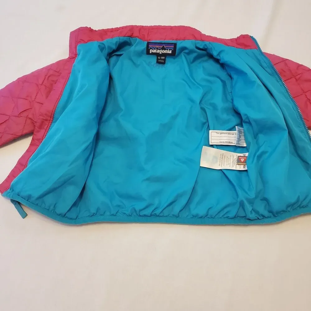 Patagonia Toddler Quilted Puffer Jacket Size 12-18 Months Pink Blue Trim